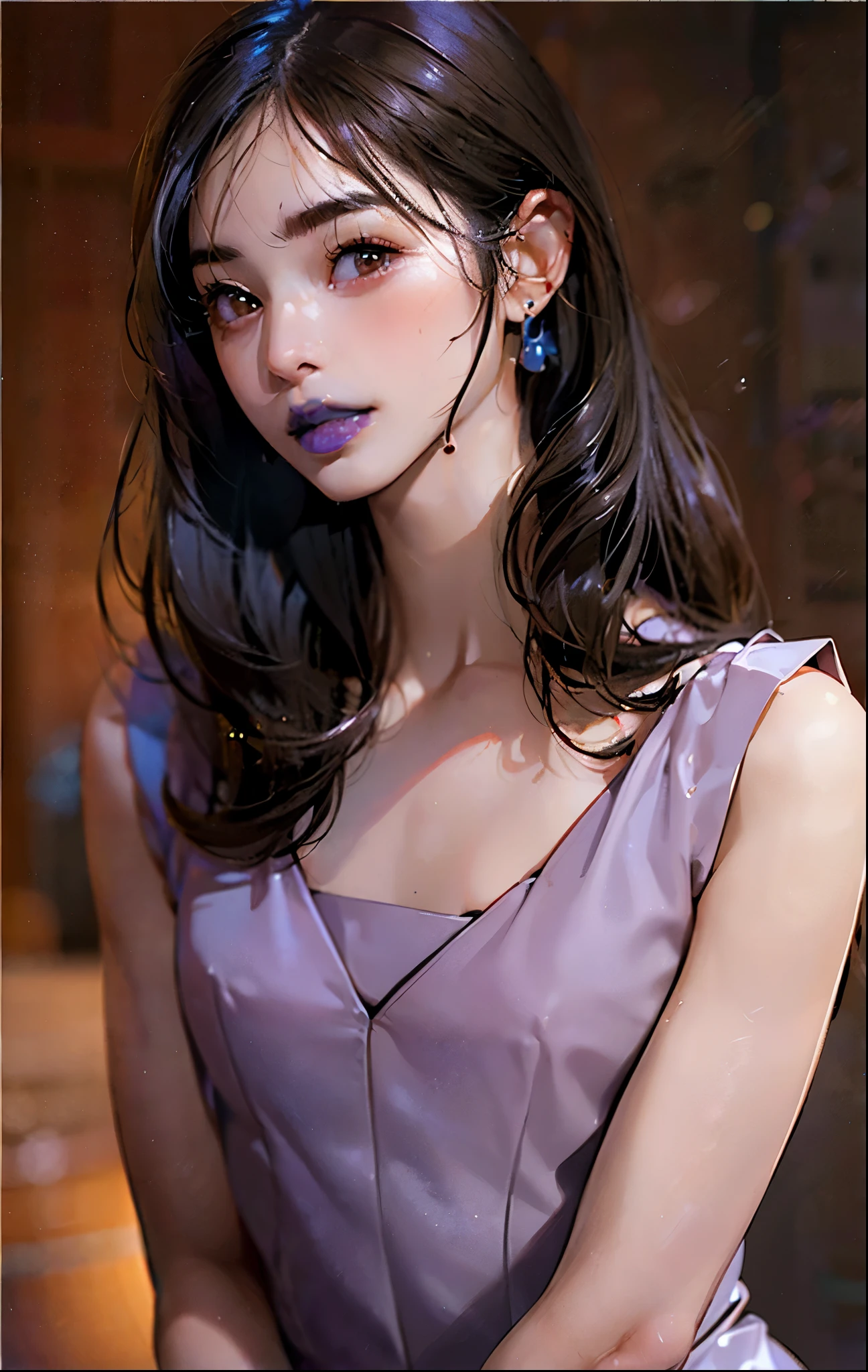 PM, (Purple Latex Suit:1), Golden Fringe Shorthair, Light brown eyes, (Japanese girl),1girl in, 27yr old, Innocence, (Photorealsitic),(top-quality:1.4), (超A high resolution:1.2), 超A high resolution, (A detailed eye), (detailed facial features), nfsw, 8k resolution, (lensflare:0.7),(oval face),(bushy eyebrows),straight eyebrows,low eyebrows,(plump lips:1.3),(glossy lips:1.3),(lipstick,blue lips:1.2),(red eyeshadow),(blush),black hair,(brown eyes), wide forhead,nude,(flat chest:1.5)