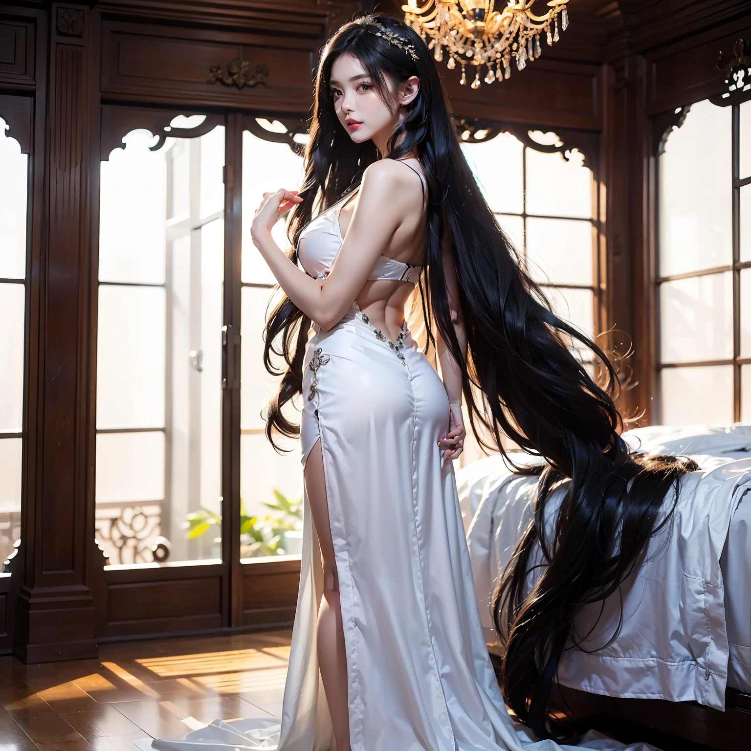 (best image quality、highest quality、highest resolution、ultra-realistic photography、full body photo、masterpiece、16ｋ、）1 girl、Amazingly long black hair is super beautiful、hair length about 5 meters、white underwear or naked、Hide your whole body with straight hair、very beautiful face、Beautiful well-groomed black hair、very large amount of hair、Super long hair that emphasizes the sexiness of women、slim body shape、beautiful shining hair、bright lighting、professional lighting、Winner of the World Long Hair Contest、full body real photo、black hair contest winner、the place is a bedroom、My hair reaches the floor and is dragging、Full of black hair、She has her back to the bed and shows off her long hair.、The bed is full of hair、
