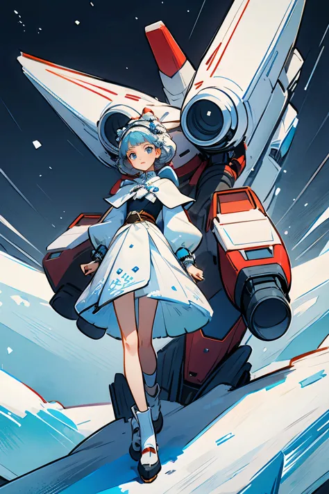 1girl, cute, ice and snow world, solo, skinny, wind, mecha outfit, full body, beautiful face, decorated with complex patterns an...
