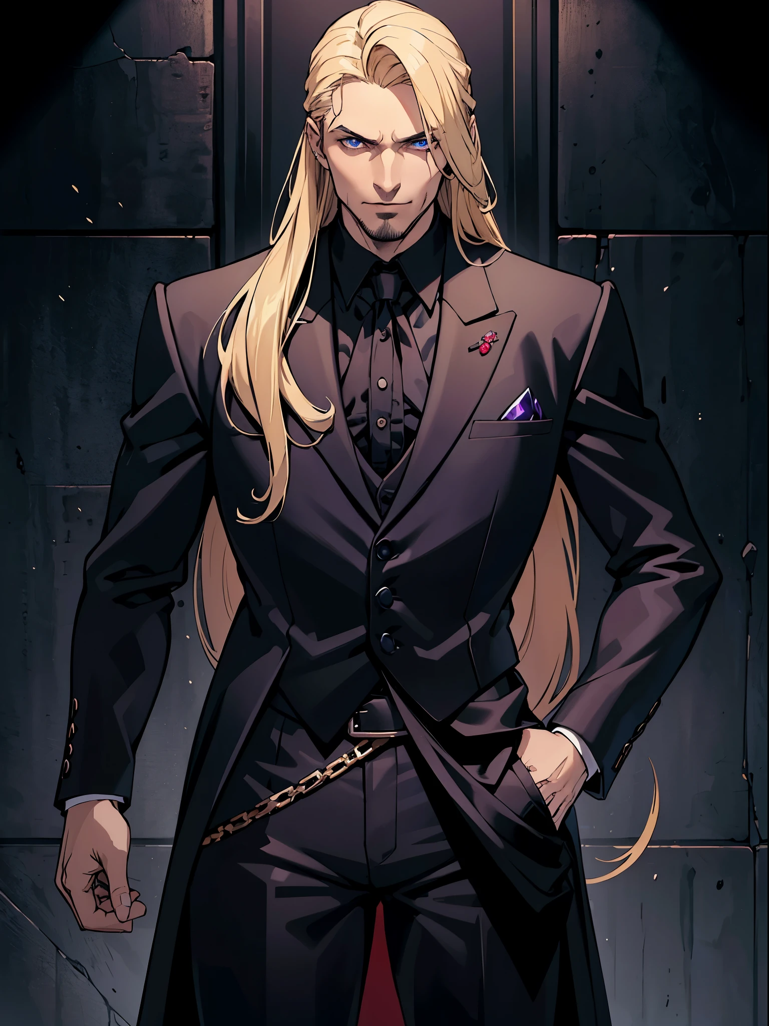 (best quality:1.4), masterpiece, ultra-detailed, realistic evil cowboy, intense gaze, enigmatic smile, dark gothic atmosphere, handsome man, tousled blonde hair, piercing blue eyes, hypnotic gaze, long flowing hair, fair complexion, elegant black suit, tailored black pants, exquisite black jacket, sophisticated black tuxedo, regal purple Renaissance shirt, crimson blood accents, mysterious demeanor.