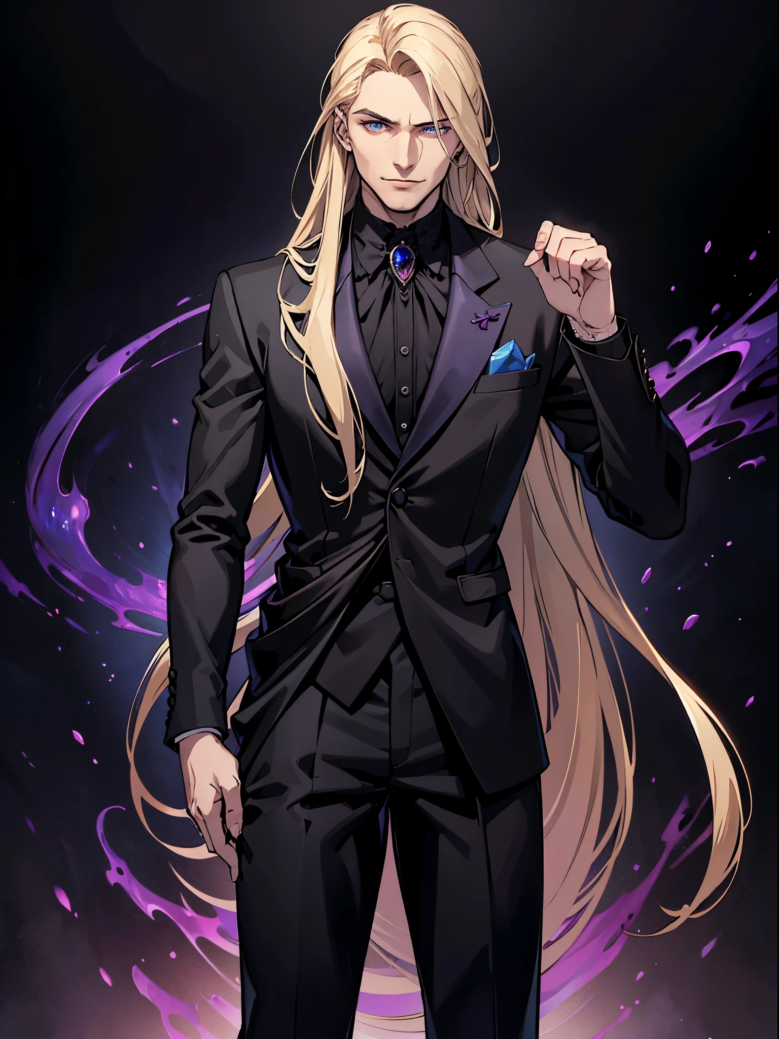 (best quality:1.4), masterpiece, ultra-detailed, realistic evil cowboy, intense gaze, enigmatic smile, dark gothic atmosphere, handsome man, tousled blonde hair, piercing blue eyes, hypnotic gaze, long flowing hair, fair complexion, elegant black suit, tailored black pants, exquisite black jacket, sophisticated black tuxedo, regal purple Renaissance shirt, crimson blood accents, mysterious demeanor.