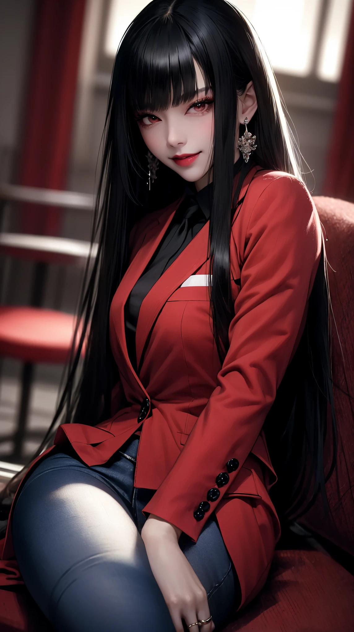 Yumeko Jabami, olhos vermelhos, Yumeko Jabami, olhos vermelhos lábios entreabertos (toupeira sob o olho:0.8), Milf Yumeko Jabami, sorriso maligno, curvado, uniforme, jaqueta de couro, saia, seios pequenos, (inclinando-se para frente:1.2), olhando para o espectador, Bokeh, grão de filme, (De baixo), foto épica, boca fechada, lábios rosados e olhos vermelhos, garota de cabelos escuros e cacheado, linda, aura mágica, Yumeko Jabami tem olhos vermelhos, olhos de cor carmesim, ela tenho olhos escarlate, ela anda em um corredor escuro, sua belaza se dustancando entre o lugar, seus olhos vermelhos brilhando, Yumeko Jabami usa uma jaqueta de couro, blusa curta, todos tem medo dela, ela usa uma calsa jeans