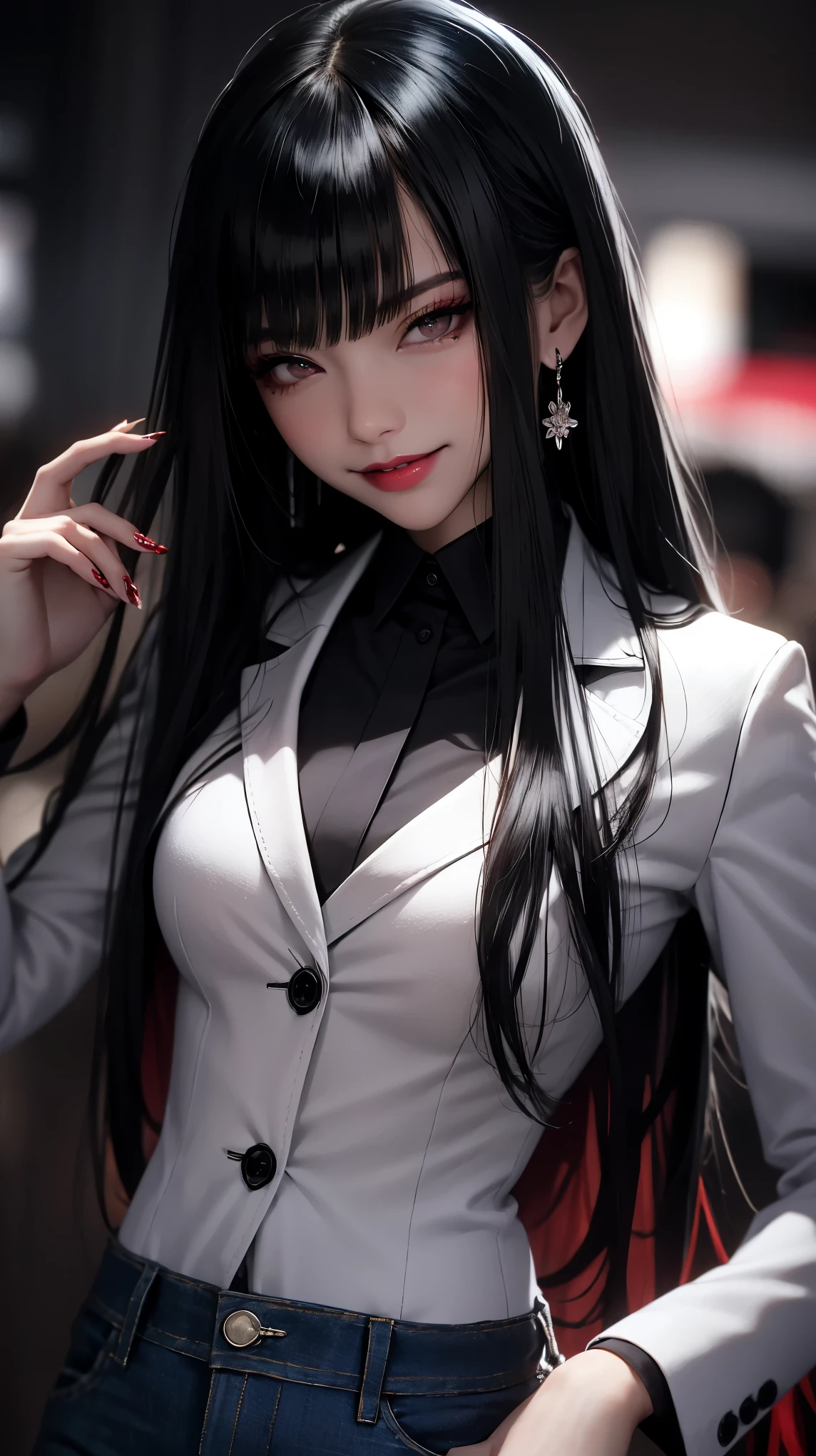 Yumeko Jabami, olhos vermelhos, Yumeko Jabami, olhos vermelhos lábios entreabertos (toupeira sob o olho:0.8), Milf Yumeko Jabami, sorriso maligno, curvado, uniforme, jaqueta de couro, saia, seios pequenos, (inclinando-se para frente:1.2), olhando para o espectador, Bokeh, grão de filme, (De baixo), foto épica, boca fechada, lábios rosados e olhos vermelhos, garota de cabelos escuros e cacheado, linda, aura mágica, Yumeko Jabami tem olhos vermelhos, olhos de cor carmesim, ela tenho olhos escarlate, ela anda em um corredor escuro, sua belaza se dustancando entre o lugar, seus olhos vermelhos brilhando, Yumeko Jabami usa uma jaqueta de couro, blusa curta, todos tem medo dela, ela usa uma calsa jeans