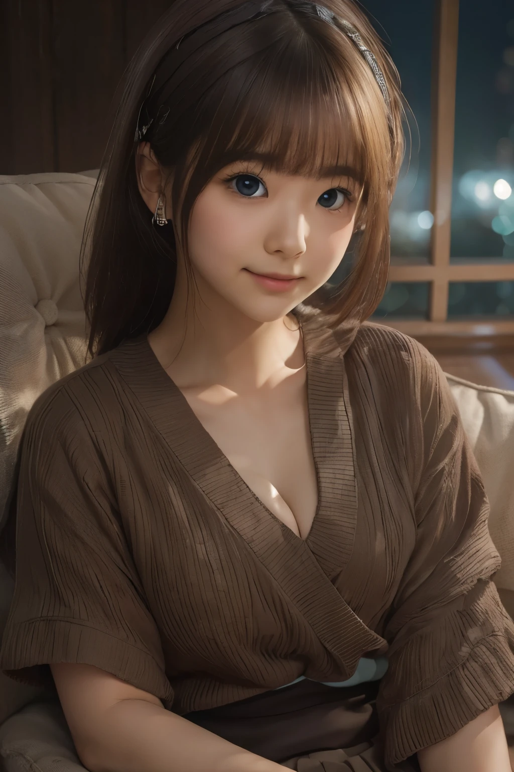 highest quality, face focus, soft light, (Depth of bounds written) ,ultra high resolution, (realistic:1.4), RAW photo, (moody lighting, night:1.2), Bedroom,
(bust up shot:1.4)
1 japanese girl, alone, cute, (shy, smile:1.1), (brown eyes),  detailed beautiful face, (noon_hair),
(recliner sofa:1.4)
(shirt:1.4,long skirt:1.4)