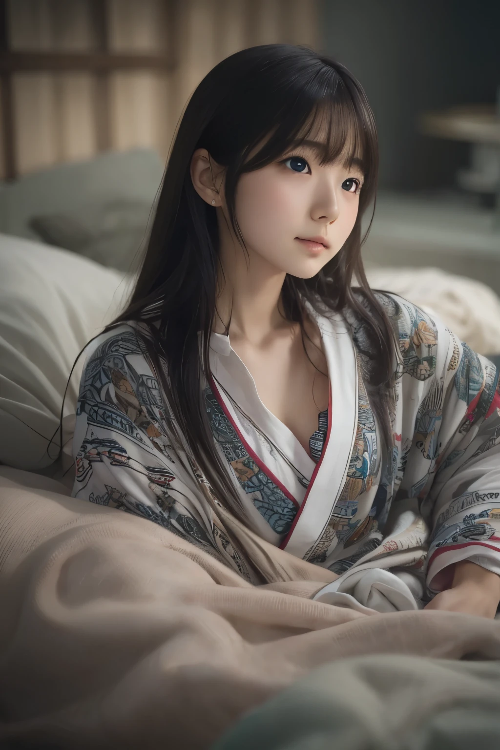 Best image quality, Focus, Soft light, Black hair, (Japanese)), (((Front, 18 years old))), (Depth of field), Ultra high resolution, (Real: 1.4), RAW photo, ((pajamas))