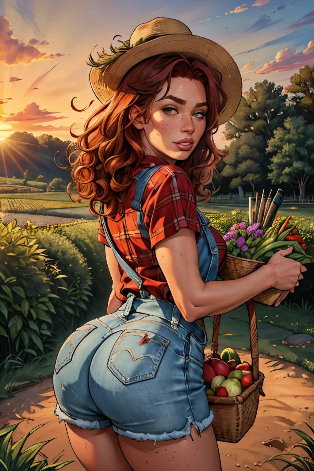 (best quality,4k,8k,highres,masterpiece:1.2),ultra-detailed,realistic,red-haired girl with freckles,beautiful detailed eyes and face,smug expression,sassy attitude,cute girl,curly red hair,plaid shirt,denim overalls,hat,farmer boots,brown curly hair,long eyelashes,thick booty,farm background,holding a basket of fresh vegetables,gardening tools,morning sunlight,vivid colors,rustic style,soft lighting