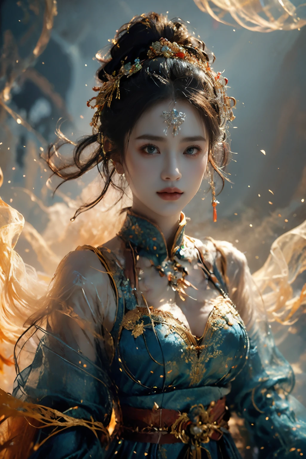 傑作,遊戲美術,最佳畫質,最高解析度,8K,(肖像:1.5),虛幻引擎5渲染作品,(數位攝影),
女孩,美麗的瞳孔,(漸層短髮藍紅),豐滿的,(大乳房),
(古風女將軍),(未來戰鬥服結合中國奇幻風格服飾,中國風漢服),絲帶,遠古魔法圖案發光,盔甲細節豐富,(古代奇幻),
電影燈，光線追蹤，遊戲CG，((3D虛幻引擎))，OC渲染反射圖案