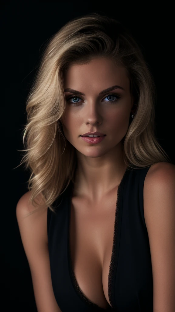Completely black screen, absolutely nothing, ((pure black)), dark background, completely dark no light, except the detailed ((27 years old beautiful and sexy blonde girl)),  beautiful angelic face, art photography, elegant atmosphere, realistic, intricate details, true skin tone, dark theme