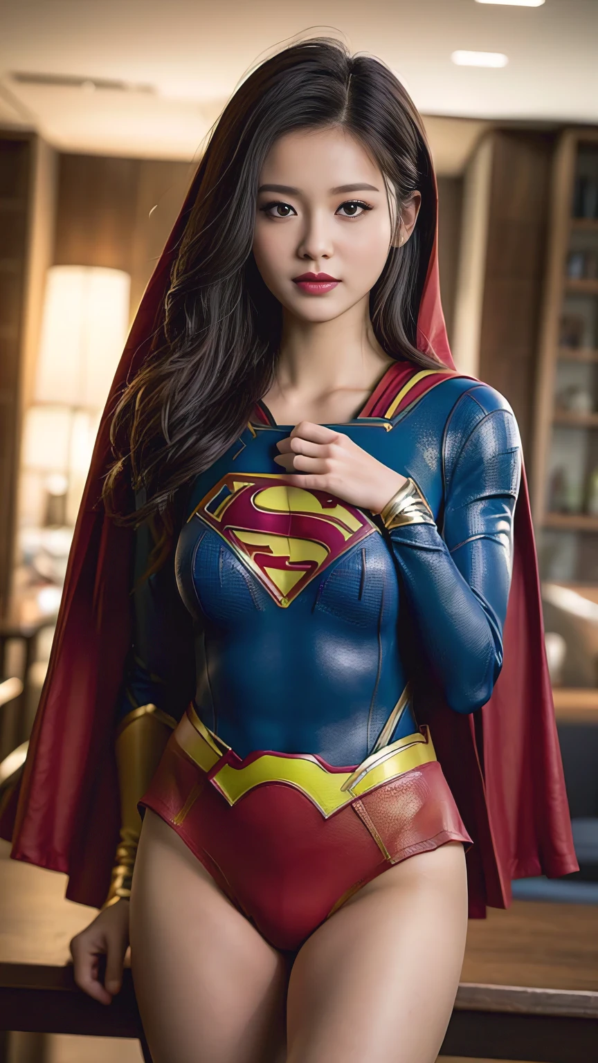 4K, (realistic:1.37), best quality, table top, Ultra A high resolution, Healthy skin tone, break, dynamic pose, alone, 21 years old, cinematic, fighting stance, (((she&#39;I&#39;m wearing DC&#39;supergirl costume.))), The wind blows. The skirt is up., ((S mark on chest)), my heart is open., Long Little Red Riding Hood, she의 아름다운 얼굴에 겁 없는 미소가 나타난다., Light brown short hair, elegant, Beautiful body like an athlete, (((매우 big bust))), ((Non-breaststroke)), I can see my belly button, 매우 윤기I am 지성 피부, big bust, big ass, open your legs, ((Please show me your panty line)), I am, In a city in ruins, break, Highly detailed beautiful eyes and face, Detailed fabric texture, 엄청나게 세밀하고 realistic 피부 질감, (The right balance of the body), Top-quality lighting that does not darken your face even when backlit, looking straight at the camera, low position camera shot, 