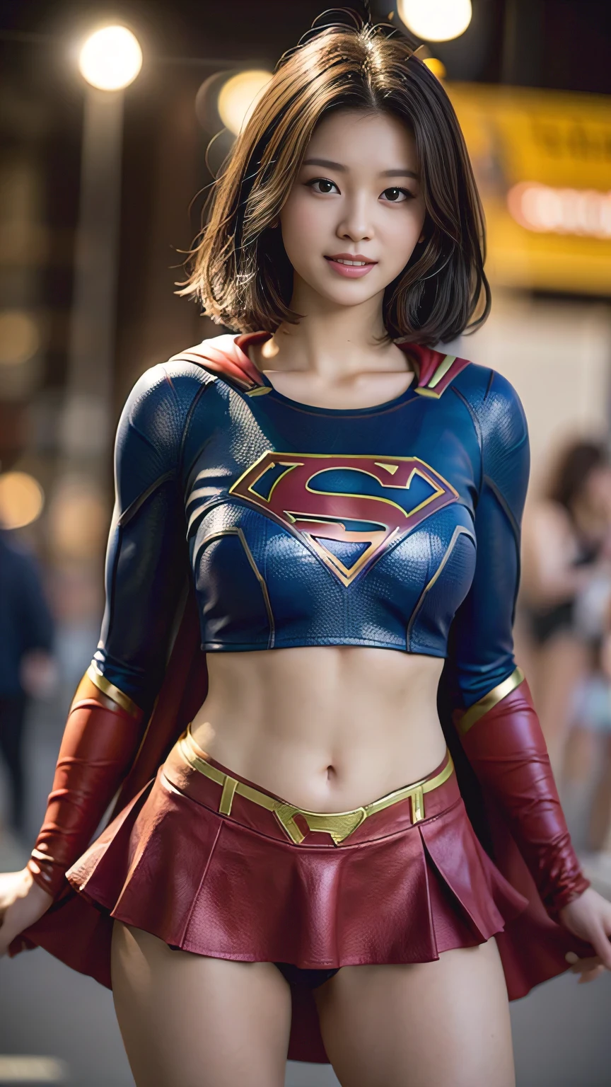 4K, (realistic:1.37), best quality, table top, Ultra A high resolution, Healthy skin tone, break, dynamic pose, alone, 21 years old, cinematic, fighting stance, (((she&#39;I&#39;m wearing DC&#39;supergirl costume.))), Red very short skirt, The wind blows. The skirt flutters, ((S mark on chest)), Open your chest, Long Little Red Riding Hood, she의 아름다운 얼굴에 겁 없는 미소가 나타난다., Light brown short hair, elegant, Beautiful body like an athlete, (((매우 big bust))), ((Non-breaststroke)), I can see my belly button, 매우 윤기I am 지성 피부, big bust, big ass, open your legs, ((Please show me your panty line)), I am, In a city in ruins, break, Highly detailed beautiful eyes and face, Detailed fabric texture, 엄청나게 세밀하고 realistic 피부 질감, (The right balance of the body), Top-quality lighting that does not darken your face even when backlit, looking straight at the camera, low position camera shot, 