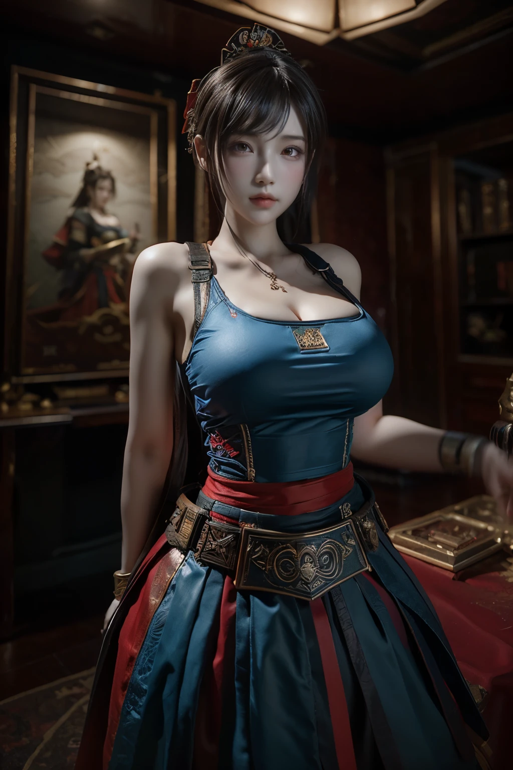 Masterpiece,Game art,The best picture quality,Highest resolution,8K,(Portrait:1.5),Unreal Engine 5 rendering works,(Digital Photography),
Girl,Beautiful pupil,(Gradual short hair is blue and red),Busty,(Big breasts),
(A female general in the ancient fantasy style),(Future combat dress combined with Chinese fantasy style clothing,Chinese style Han costume),Ribbon,Ancient magic patterns glow,Armor rich in detail,(Ancient fantasy),
Movie lights，Ray tracing，Game CG，((3D Unreal Engine))，OC rendering reflection pattern