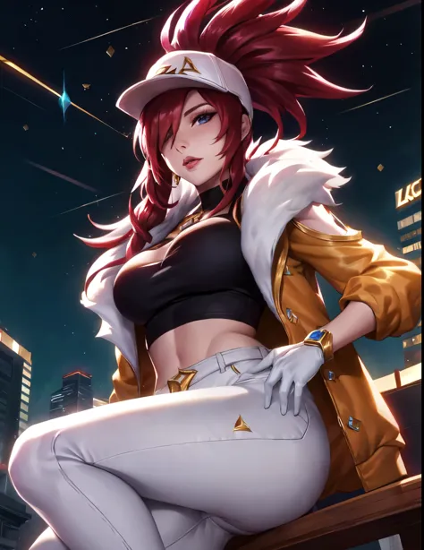 Akali kda prestige, 1girl, solo, long hair, breasts, looking at viewer, jewelry, medium breasts, red hair, necklace, hair over o...