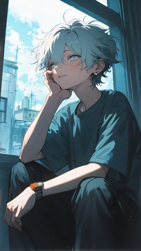 beautiful young man, look out the window at night, high quality, Amount to draw, pixiv illustration