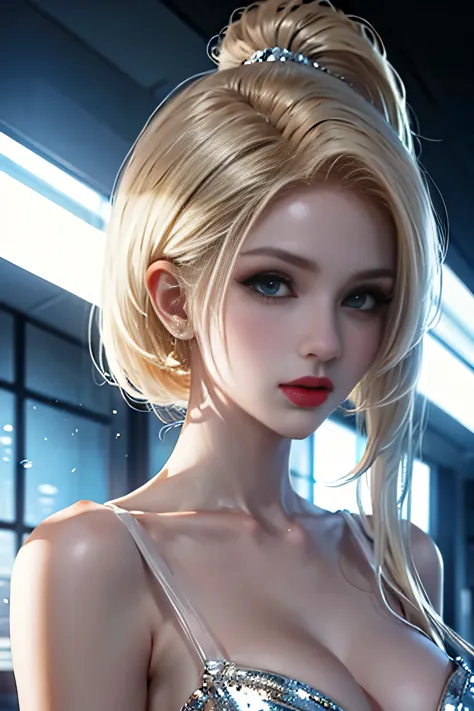 portrait、school、bright look、ponytail、young shiny glossy white shiny skin、the best beauty、blonde reflection、platinum blonde hair ...