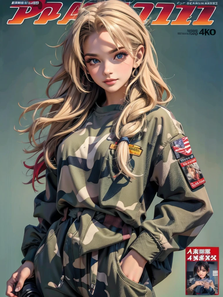 (best quality,4k,highres,masterpiece:1.2),camouflage,portrait,beautiful detailed eyes,beautiful detailed lips,extremely detailed face,longeyelashes,confident expression,girl,wearing camouflage clothes,holding a rifle,cute pose,stylish hair,smoky makeup,natural lighting,vibrant colors,professional magazine cover,artistic interpretation.