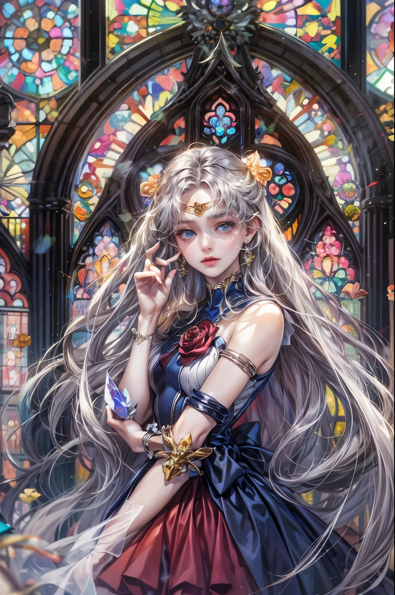 ((Best quality)), ((masterpiece)), (detailed), ((perfect face)), ((halfbody)) ((Sailor Moon Villain: The Witches 5)) solo picture close-up , cathedral background with a big stained glass window , breaking glass, black rose ornaments 