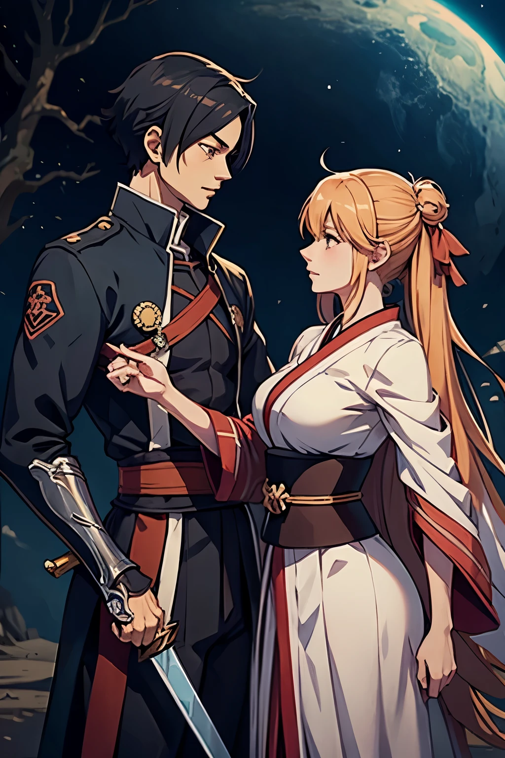 Anime couple with sword and clothes in the wind, Yandere, by Kanamoto Village, Yandere. Takao, Gapmoe Yandere, Zerochan Art, Shingei, Zerochan, high quality fanwork inspired by Masanobu Okumura, anime style, Japanese anime style, they are siblings, anime styles such as Fate/Stay Night, Shota, 