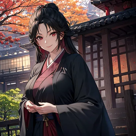 a woman with long black hair, red eyes, cute face, wearing a black kimono with red details, big breast, in a japanese garden wit...