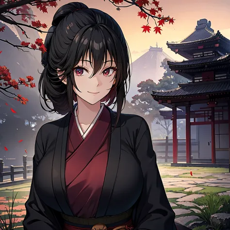 a woman with long black hair, red eyes, cute face, wearing a black kimono with red details, big breast, in a japanese garden wit...