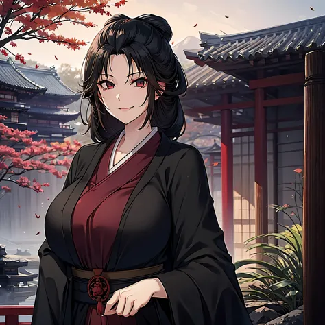 a woman with long black hair, red eyes, cute face, wearing a black kimono with red details, big breast, in a japanese garden wit...