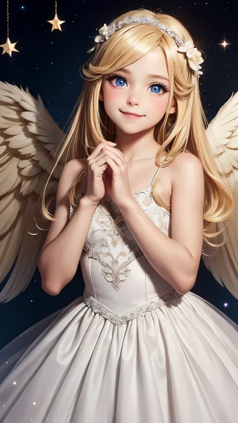 beautiful and neat girl cupid, smile, big eyes, blonde, angel wings on the back, directly facing, a soft, fluffy and neat dress,...