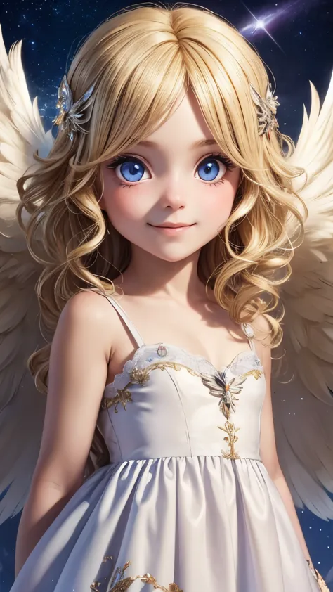 beautiful and neat girl cupid, smile, big eyes, blonde, angel wings on the back, directly facing, a soft, fluffy and neat dress,...