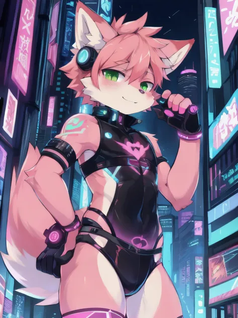 masterpiece, perfect anatomy, solo, 1boy, Furry, kemono, furry shota,  furry fox, anthropomorphic, male, pink fur, pink skin, gr...