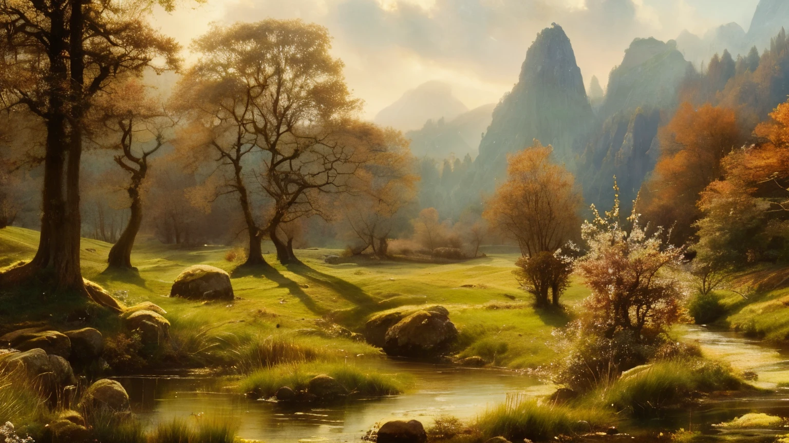 (best quality,4k,highres,masterpiece:1.2),detailed depiction,pre-Raphaelite painting,celtic landscape,oak tree at twilight,standing stones in the mist, druid
