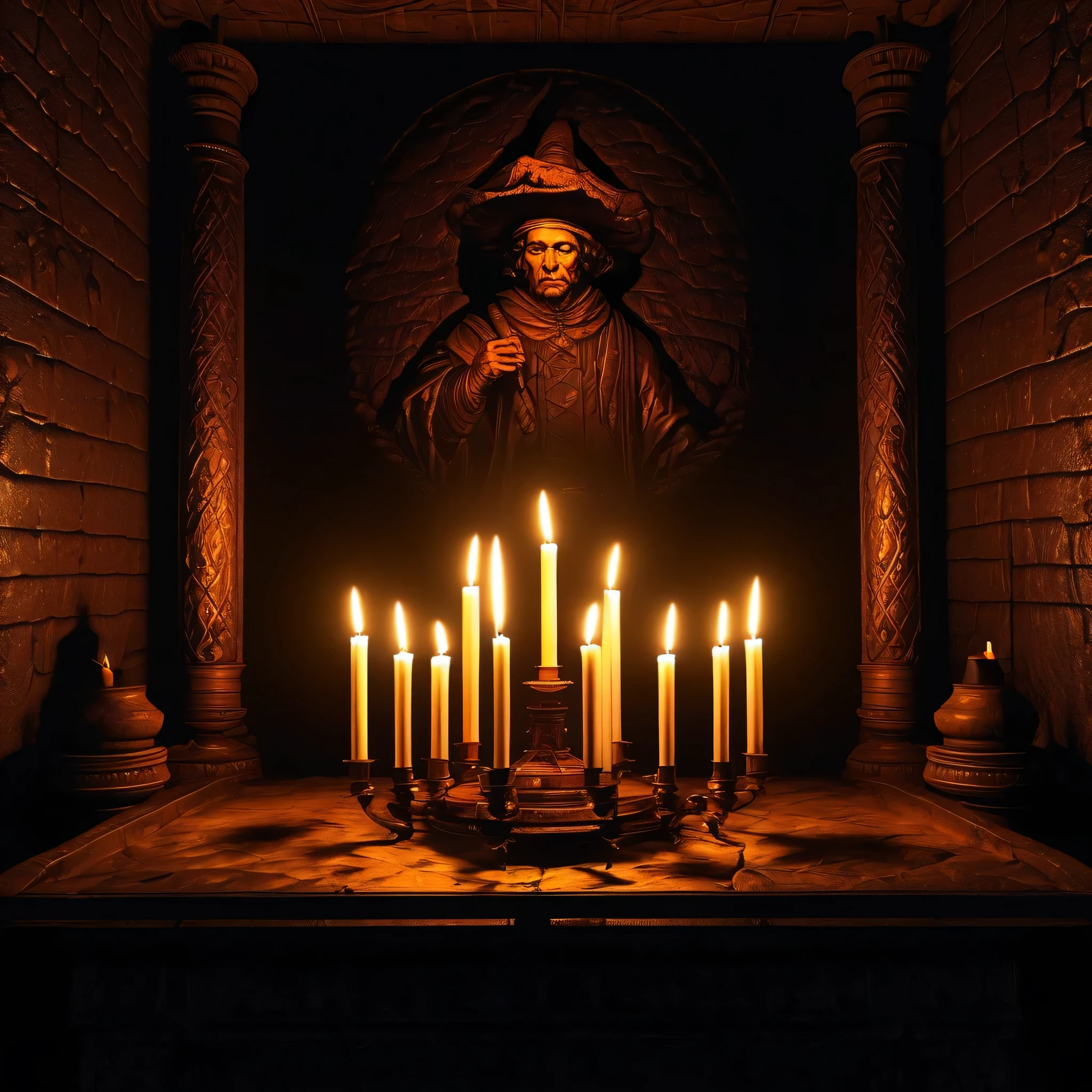 the deepest layer of hell, very wide shot, Low light, candles, dark, ambient occlusion, very detailed, oil, dynamic lighting, oil, Rembrandt