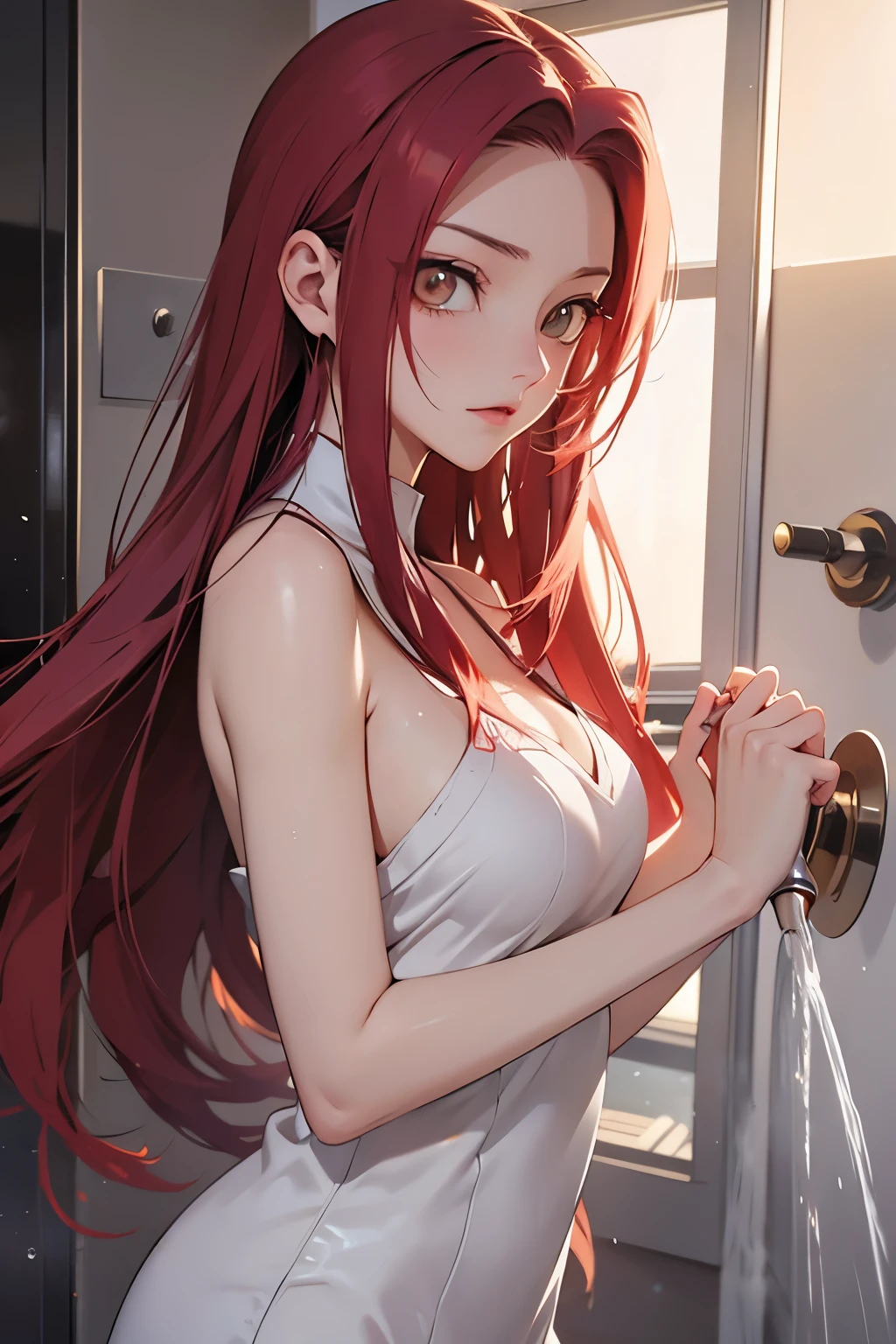 Vivid and attractive full - color illustrations for the anime artbook Code Geass. A detailed depiction of the character Kallen having a shower. The illustration offer outstanding image quality and intricate detail, capturing Kallen and the surroundings vividly. A soft, diffused light illuminates the scene, and a captivating play of light and shadow underscores Kallen's character.