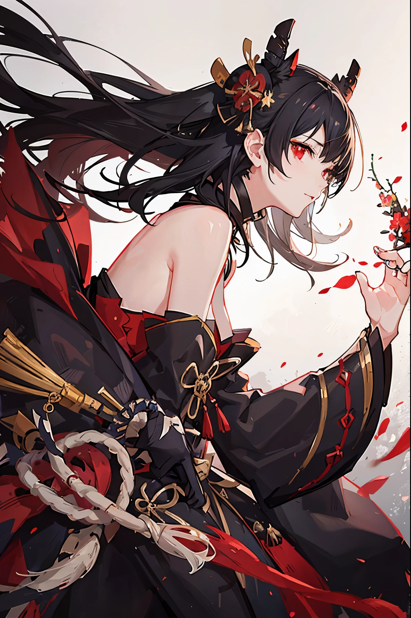 1 guy, detailed eyes, scar, samurai outfit, red and black, night, moon, long black hair, red eyes, best quality 8K masterpiece