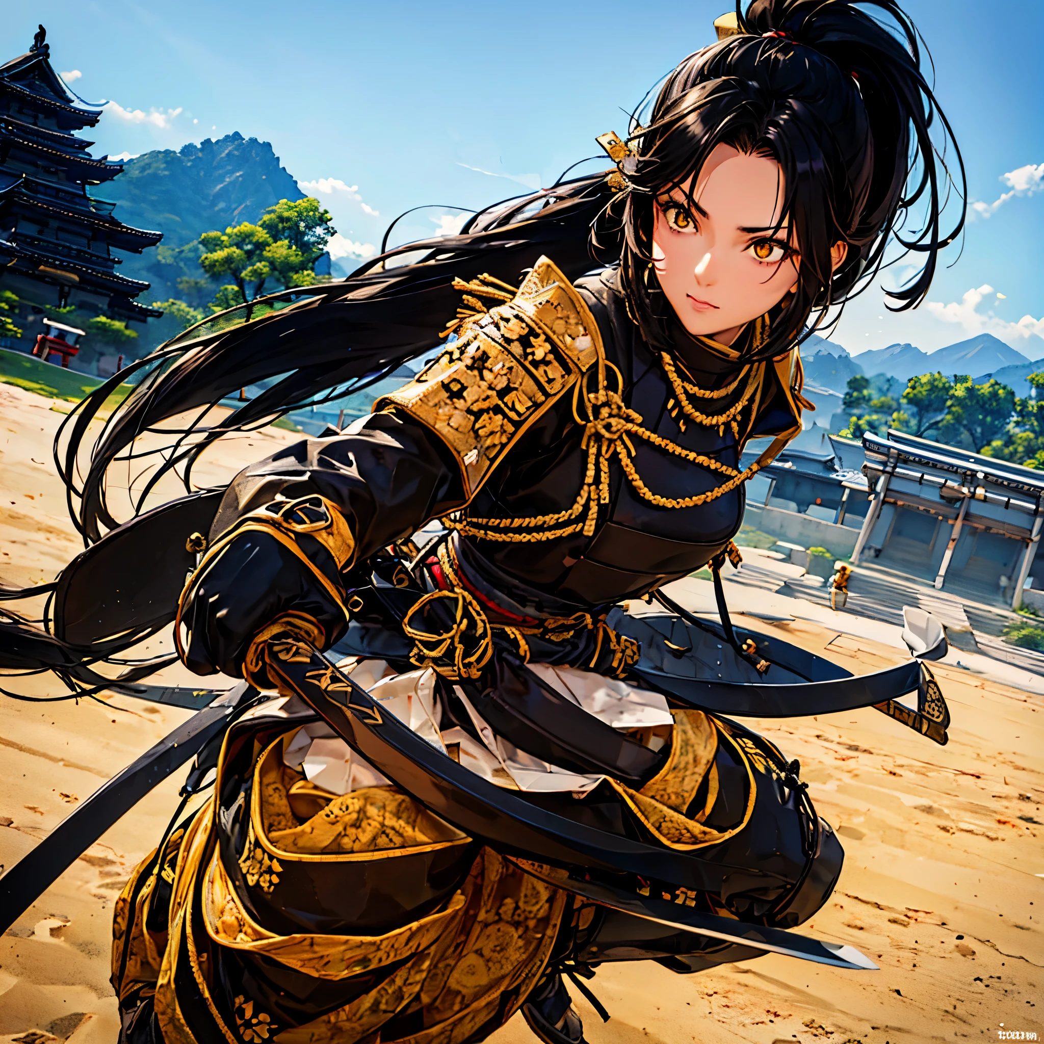 a woman with black hair, ponytailed hair, yellow eyes, wearing black samurai armor with gold trim, holding a katana, outside a traditional Japanese fortress.
