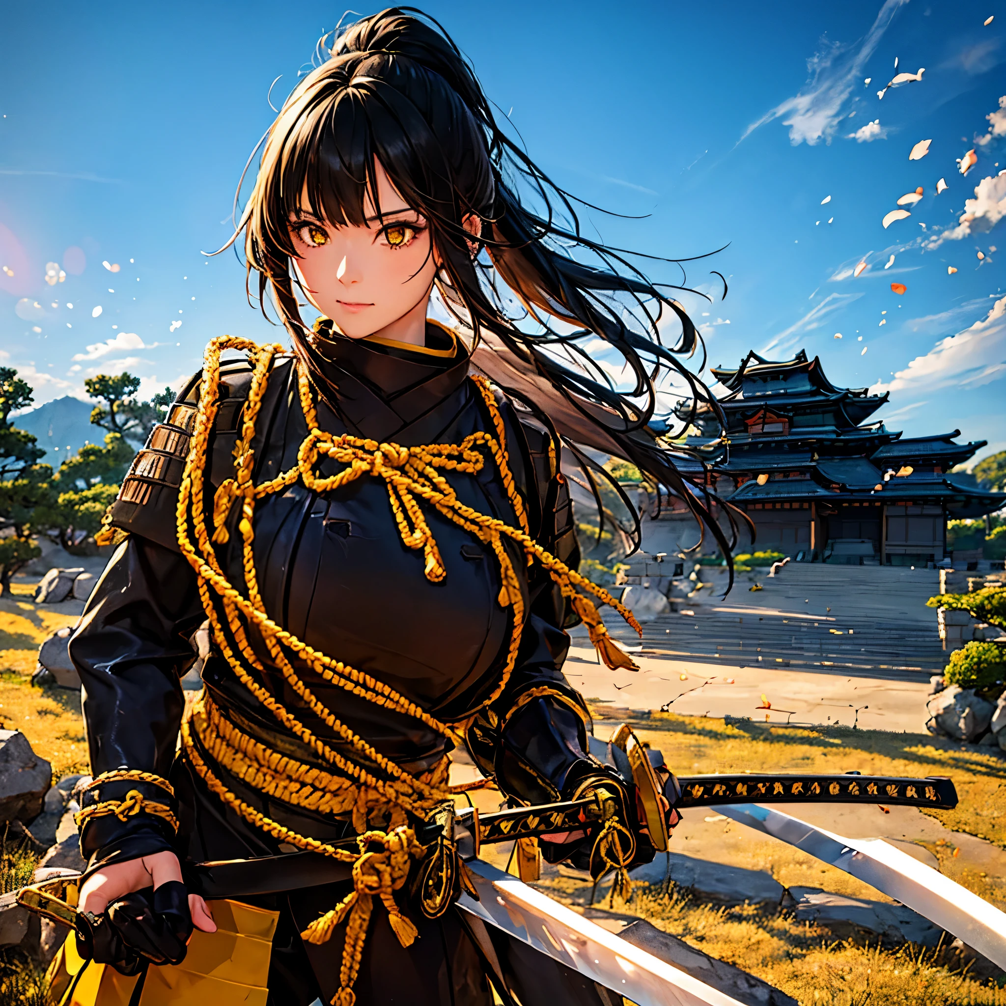 a woman with black hair, ponytailed hair, yellow eyes, wearing black samurai armor with gold trim, holding a katana, outside a traditional Japanese fortress.
