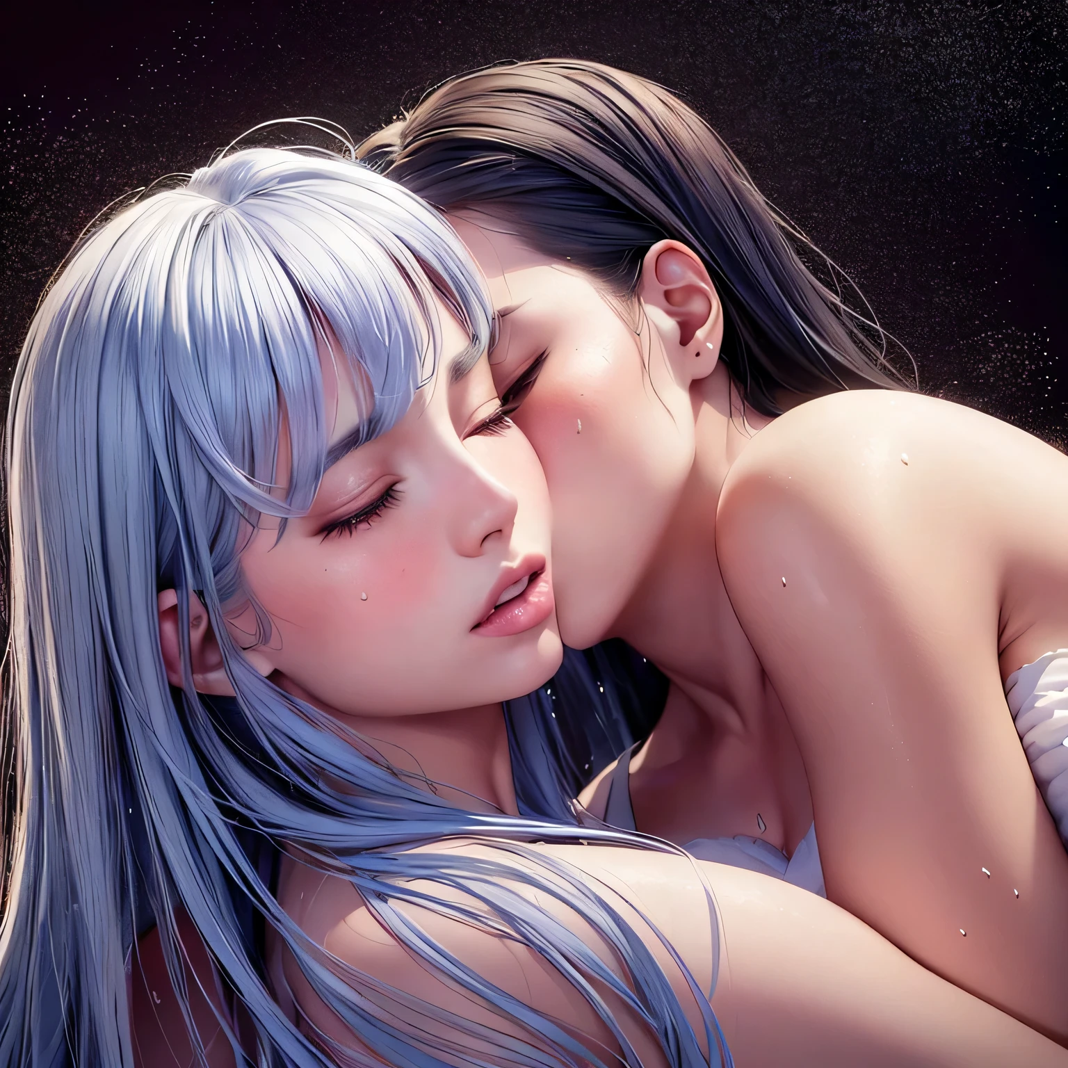 Anime girl kissing another girl with blue hair - SeaArt AI