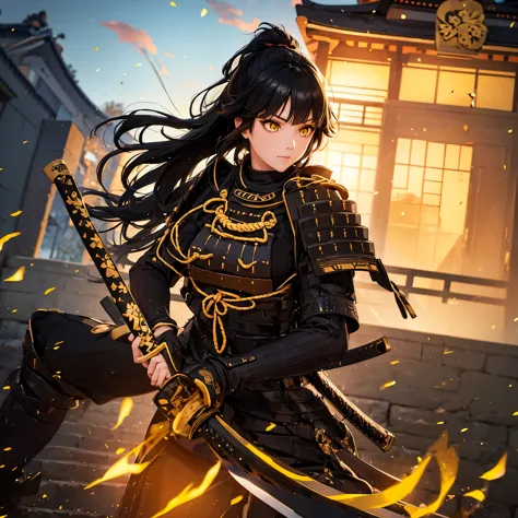 a woman with black hair, ponytailed hair, yellow eyes, wearing black samurai armor with gold trim, holding a katana, outside a t...