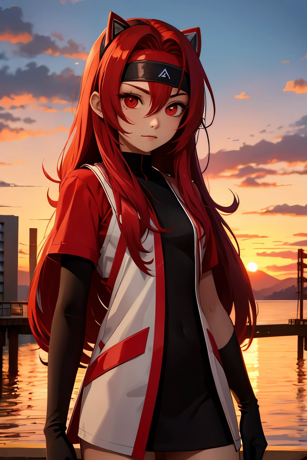 Nar_red_sunset,forehead protector,bandage, whole body,Red eyes, Variza