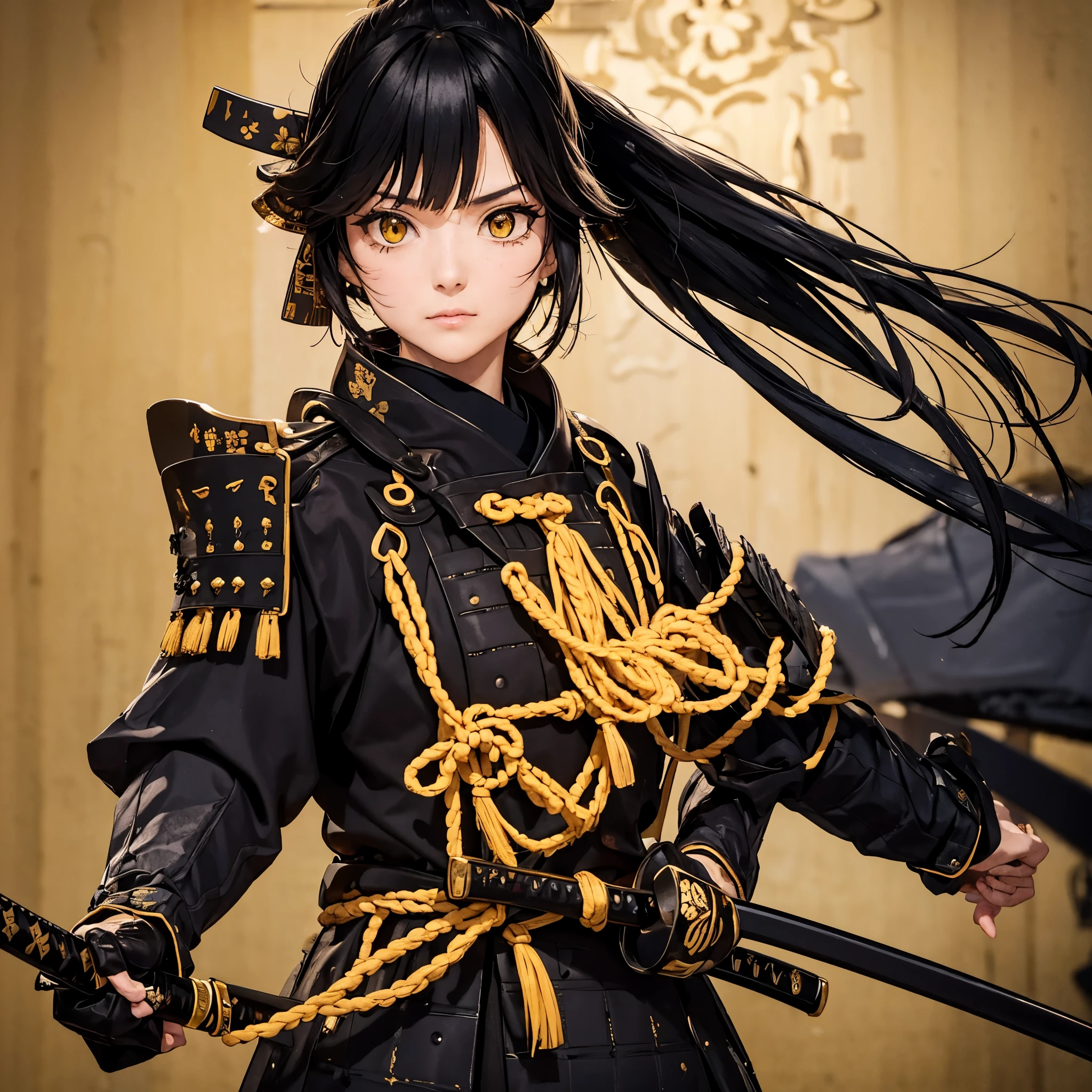 a woman with black hair, ponytailed hair, yellow eyes, wearing black samurai armor with gold trim, holding a katana, outside a traditional Japanese fortress.
