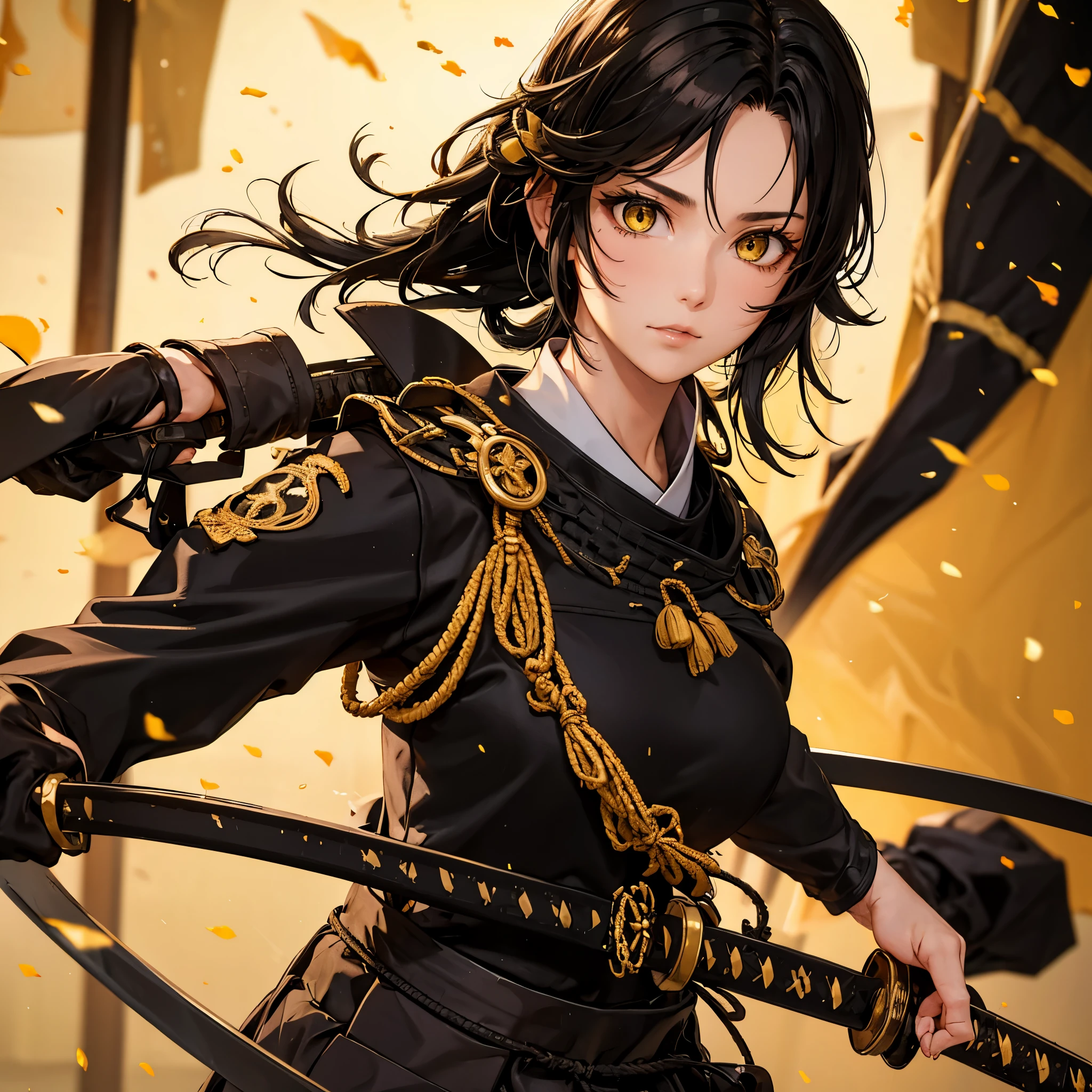 a woman with black hair, ponytailed hair, yellow eyes, wearing black samurai armor with gold trim, holding a katana, outside a traditional Japanese fortress.
