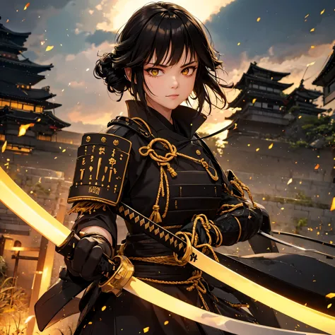 a woman with black hair, ponytailed hair, yellow eyes, wearing black samurai armor with gold trim, holding a katana, outside a t...