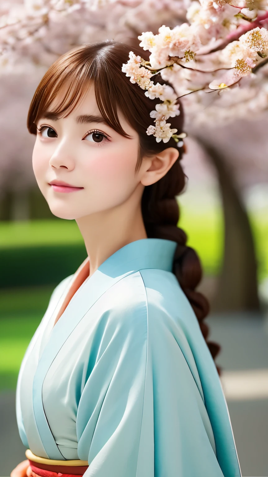 one girl、((笑face:0.1))、pretty girl、dark beige hair、童face、young、delicate girl、Braid、Upper body、small breasts、unreasonable precision、Super detailed、レガントなface, shoulder length straight hair, (kimono)、Japanese clothing、beautiful skin,natural look, (詳しいface), ((sharp focus)), ((face)), Upper body_body、Honesty、thin arms, professional lighting, film grain, chromatic aberration, (目とfaceの詳細:1.0), (Bokeh:1.1)、software:1.5)))、 highest quality, 8K, 14 years,(Cherry tree in full bloom:1.3)、Yoshino cherry tree、The beautiful city of Kyoto