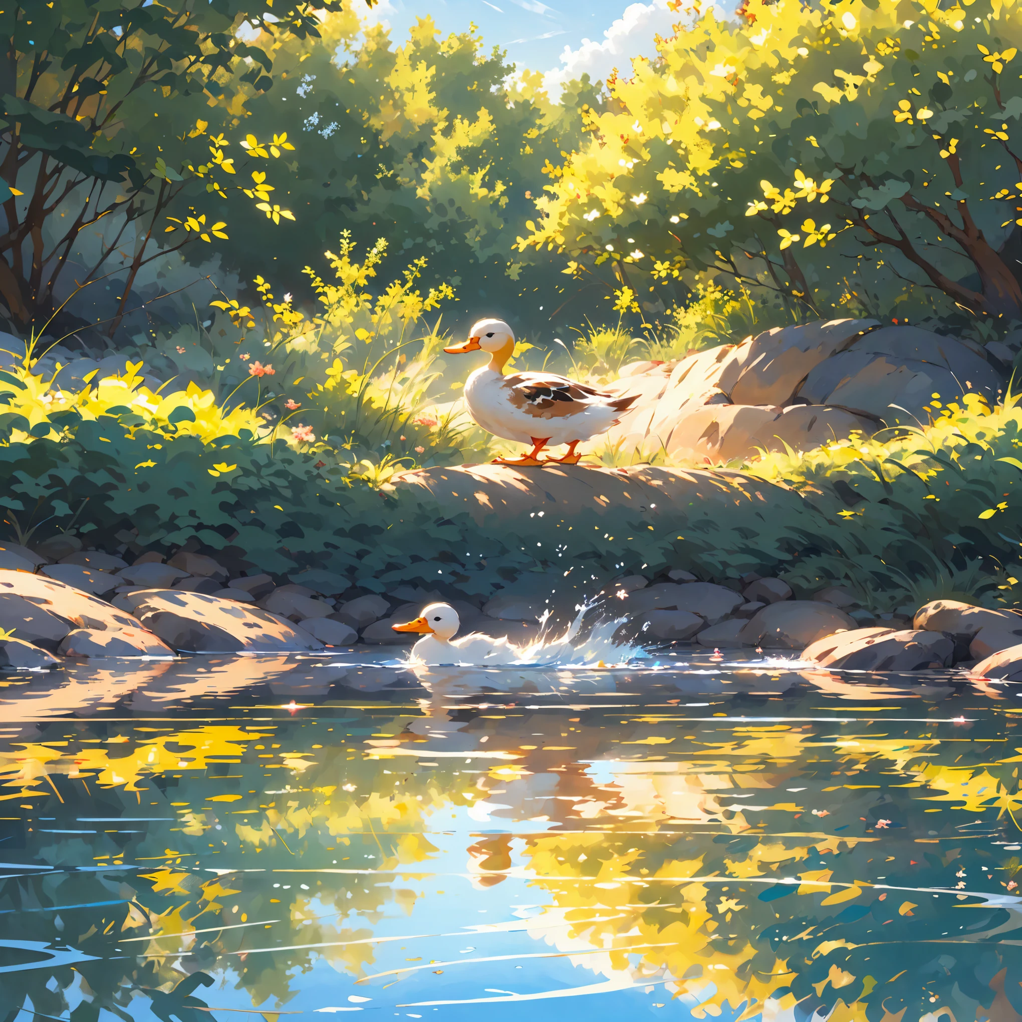 (Tischplatte:1.2), Best quality,PIXIV,Ente, Betrachtung,reflektierendes Wasser,Ente playing in the lazy river、A delightful、niedliche kleine,Spritzwasser,Wasserrutsche,Hintergrund der Poolanlage、bunt,Der Sommer kam！