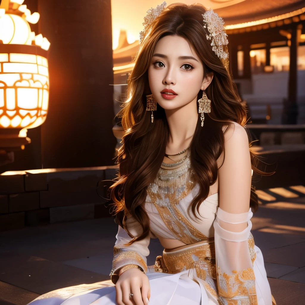 1 girl,alone,jewelry,brown hair,architecture学,ring,bracelet,east asian architecture学,hair accessories,bead,brown eyes,outdoor,necklace,architecture,snow,long hair,sitting,skirt,traditional clothing,earrings,lips,high resolution,Very detailed,best quality,masterpiece,illustration,extremely delicate and beautiful,Very detailed,CG,Unite,8k wallpaper,Astonishing,fine details,masterpiece,best quality,official art,Very detailed CG Unite 8k wallpaper,There is light on the face,light,Upper body,(Detailed background:2.0), clear fingers，beautiful fingers，skin glowing、spread your legs，Camel toe showing thigh!!!、
