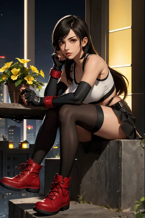 tifa lockhart, final fantasy vii remake, 1girl, ankle boots, black hair, black skirt, black thighhighs, boots, breasts, cityscap...