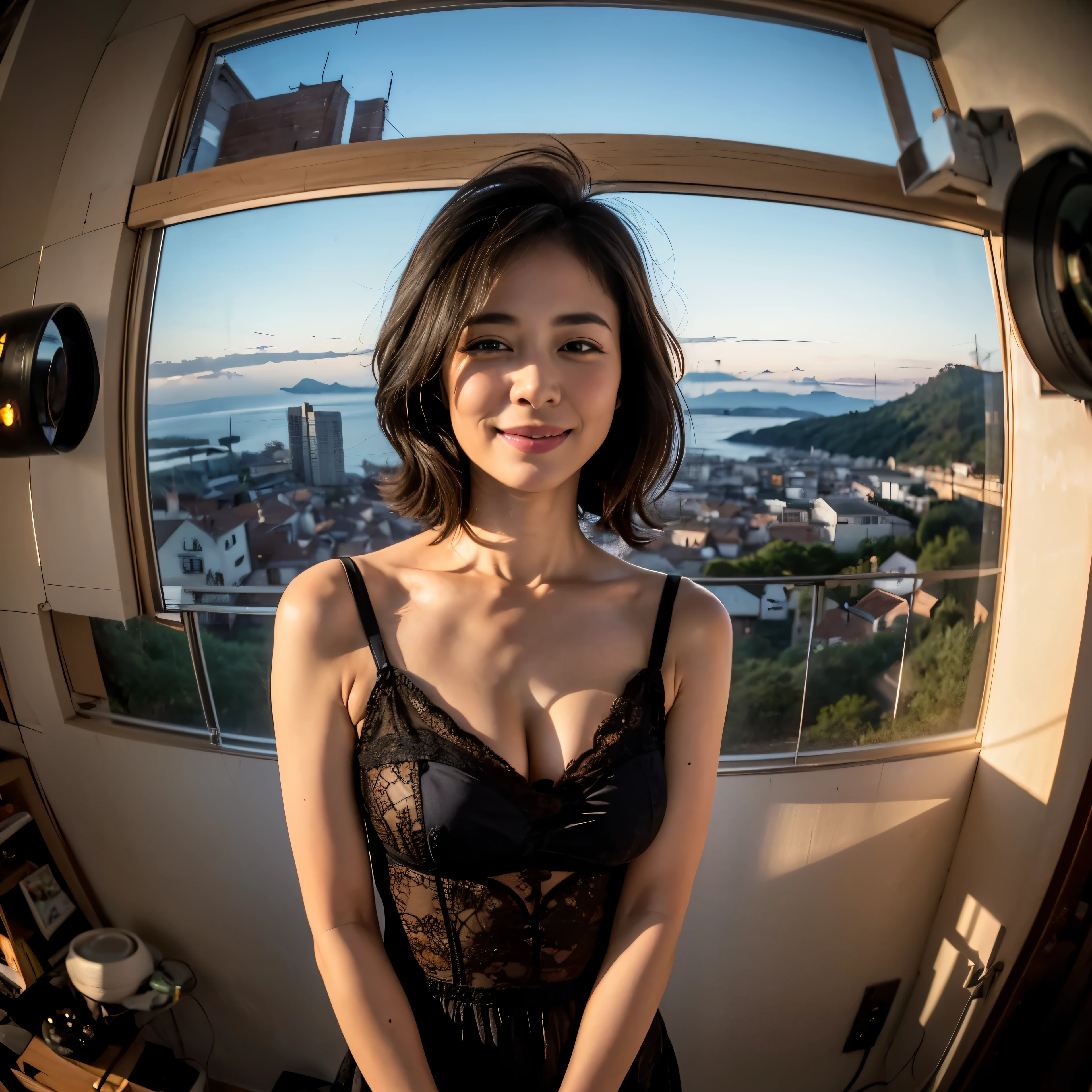 (Landscape seen through a fisheye lens:1.6)、A girl stands in front of the camera with a smile. she is beautiful, shine, and perfect skin, perfect style and erotic body. her eyes are slightly closed (1.5), while she lazily opens her mouth (1.65). she wears the finest lingerie (1.4), Create a sense of luxury. The stage is a hotel room (1.1), with professional studio lighting. Image quality is the best, With highly detailed and realistic features (1.37). The overall painting style is vivid、Captures every intricate detail。. The color palette emphasizes the brilliance and complexity of the subject.