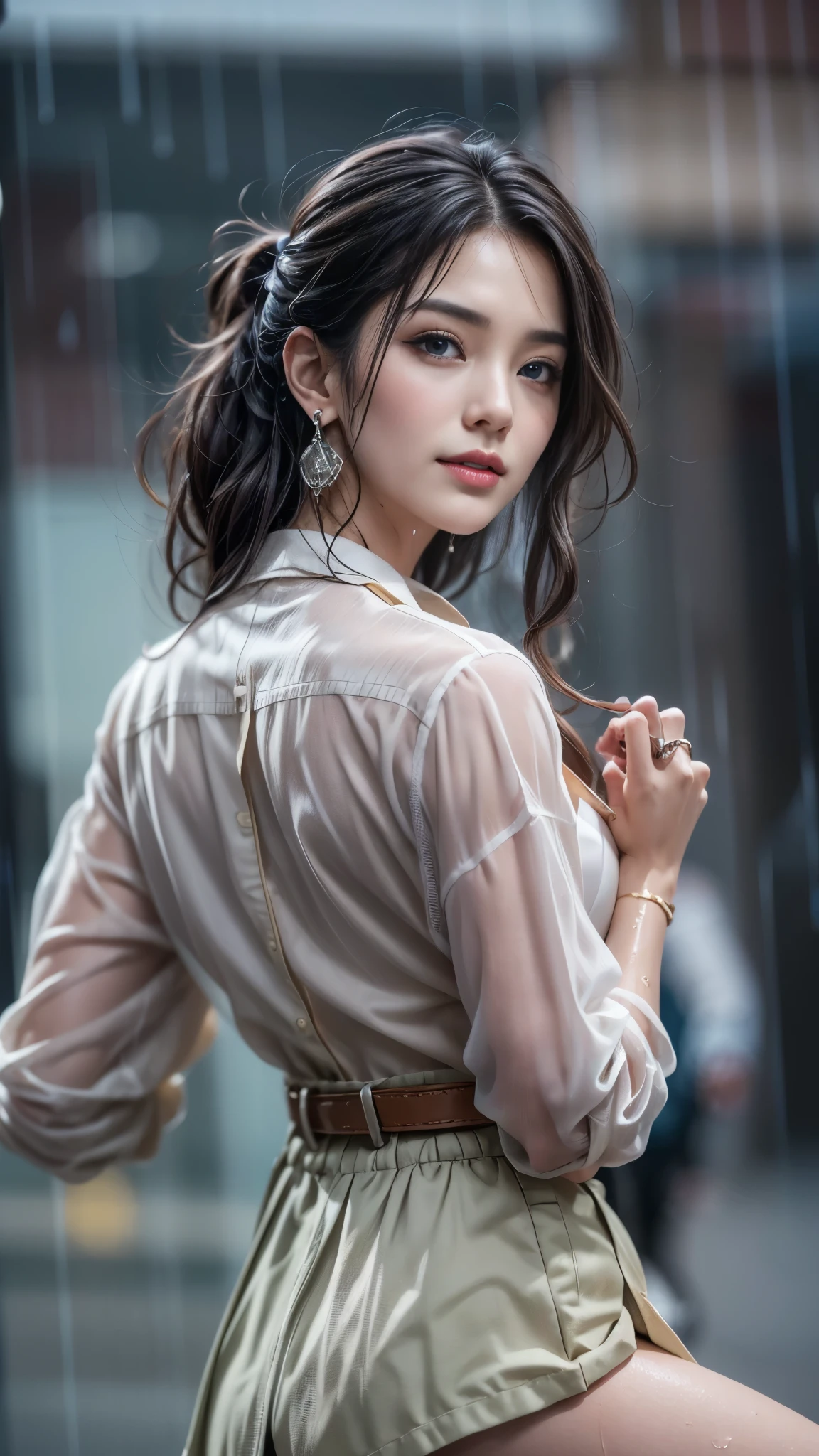 (RAW shooting, Photoreal:1.5, 8K, highest quality, masterpiece, ultra high resolution), perfect dynamic composition:1.2, Night street corner of a modern city, look up at the sky:1.3, (((Typhoon heavy rain))), Highly detailed skin and facial textures:1.2, Slim office lady wet in the rain:1.3, sexy beauty:1.1, perfect style:1.2, beautiful and aesthetic:1.1, Fair skin, very beautiful face, water droplets on the skin, (rain drips all over my body:1.2, wet body, wet hair:1.4, wet office skirt:1.2, wet office lady uniform:1.3), belt, (Medium chest, Bra is sheer, Chest gap), (look of resignation, embarrassing smile, The expression on your face when you feel intense caress, Facial expression when feeling pleasure), (beautiful blue eyes, Eyes that feel beautiful eros:0.8), (Too erotic:0.9, Bewitching:0.9), cowboy shot, Shoulder bag, necklace, earrings, bracelet, clock