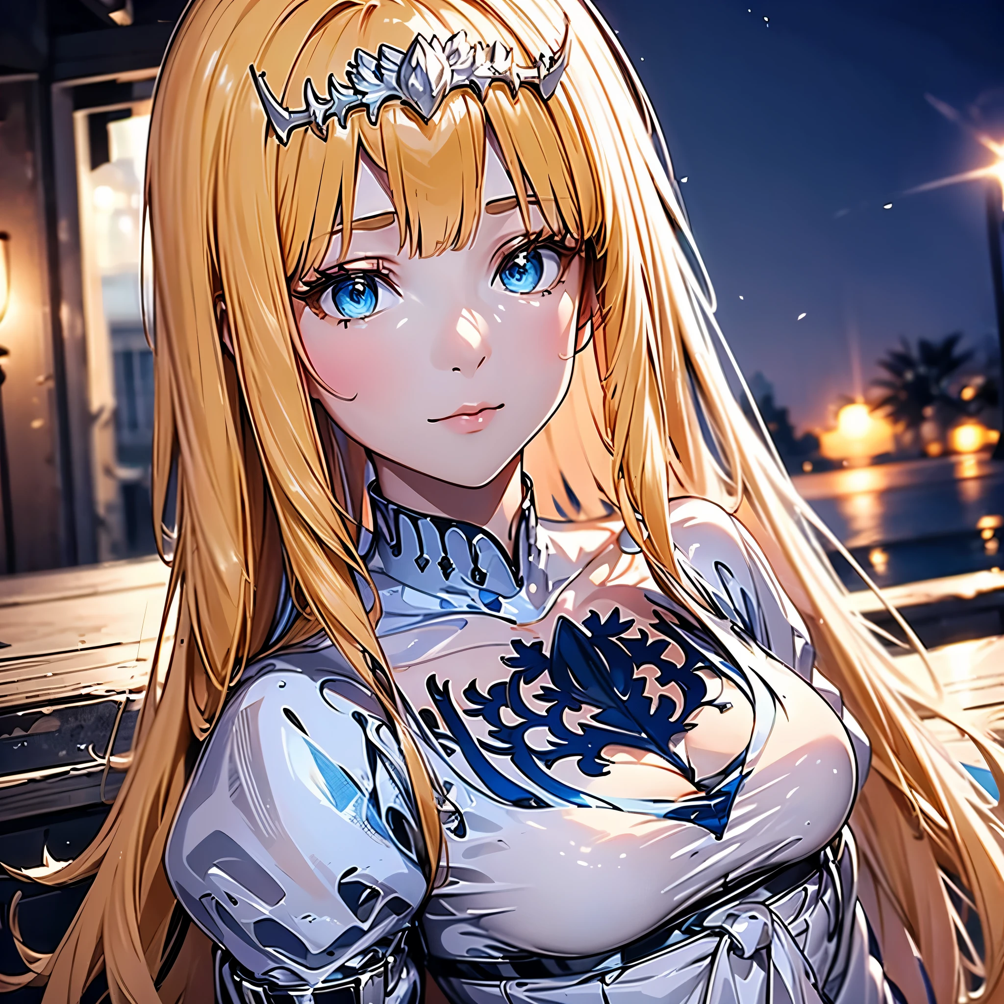 The final Stable Diffusion prompt is as follows：

"(best quality,4k,8k,highres,masterpiece:1.2),ultra-detailed,(realistic,photorealistic,photo-realistic:1.37),nighttime glow,detailed beautiful eyes:1.2),beautiful girl,slender,shiny skin,,inside the room,,full body, 1girl, Calca, blonde hair, extremely long hair, white tiara, tiara on her head, white dress, blue eyes, medium breasts