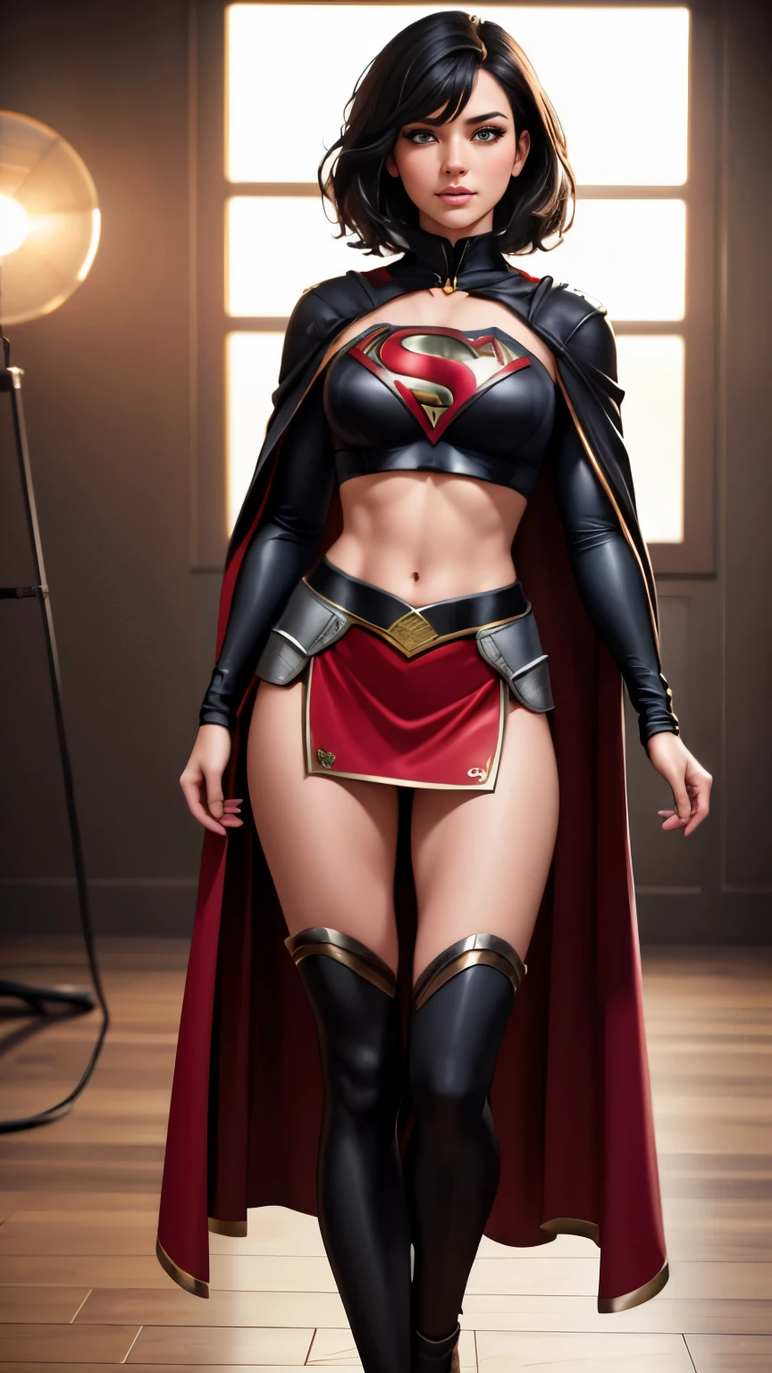 (best quality,4k,8k,highres,masterpiece:1.2),ultra-detailed,(realistic,photorealistic,photo-realistic:1.37), vivid colors, bokeh, HDR, studio lighting, extreme detail description, physically-based rendering, ultra-fine painting, sharp focus, professional, portraits, sexy supergirl, beautiful detailed eyes, beautiful detailed lips, green eyes, short black hair, black and silver outfit, red cape with a midriff, full body, UHD 8K