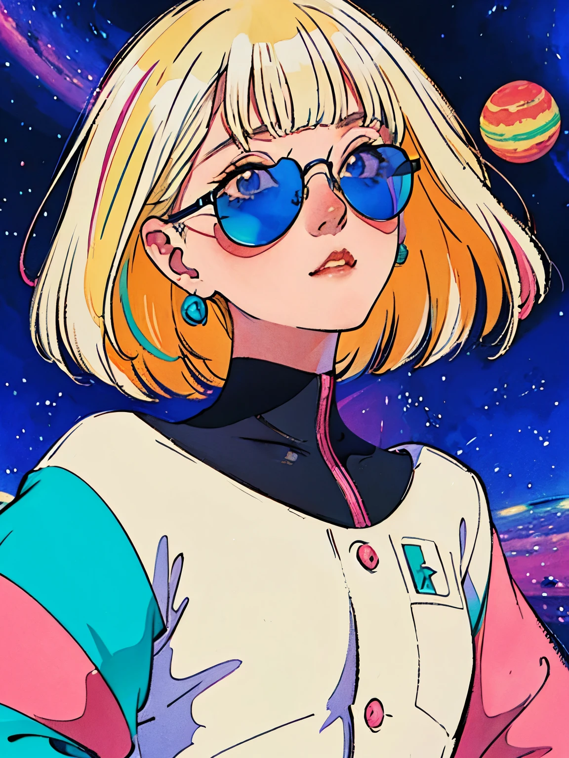 This 90s anime illustration features a blonde pin-up girl wearing kaleidoscopic sunglasses that reflect a vast space galaxy full of stars and planets within its lenses. The pin-up has a white bob haircut and exudes a far-out aesthetic with a superrealism appeal. The illustration has a symmetrical composition created by Hajime Sorayama, with a colour scheme influenced by Lisa Frank. The artwork exudes a sense of futuristic, psychedelic beauty that captures the essence of 90s pop culture and anime