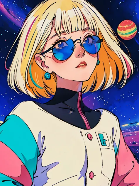 This 90s anime illustration features a blonde pin-up girl wearing kaleidoscopic sunglasses that reflect a vast space galaxy full...