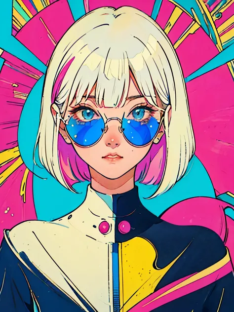 This 90s anime illustration features a blonde pin-up girl wearing kaleidoscopic sunglasses that reflect a vast space galaxy full...